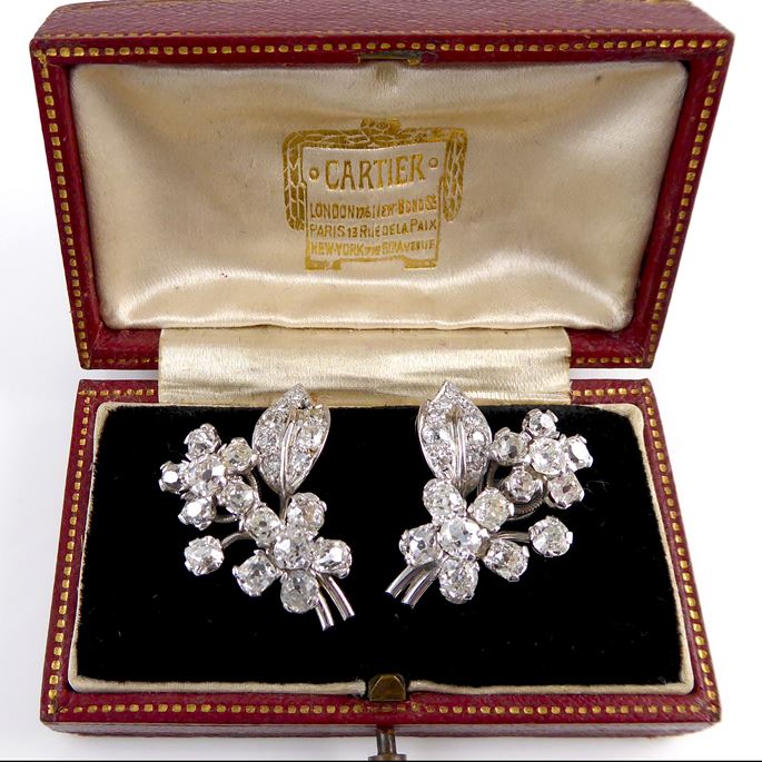   Cartier - Pair of diamond flower and leaf clip earrings, each small spray with two forget-me-knot type flowerheads | MasterArt